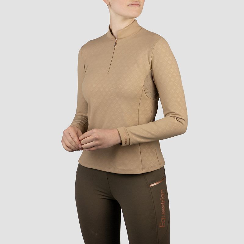 Baselayer de Senhora HORKA Emily Conjunto de roupa desportiva feminina bege e castanho com padrão e texto Equestrian