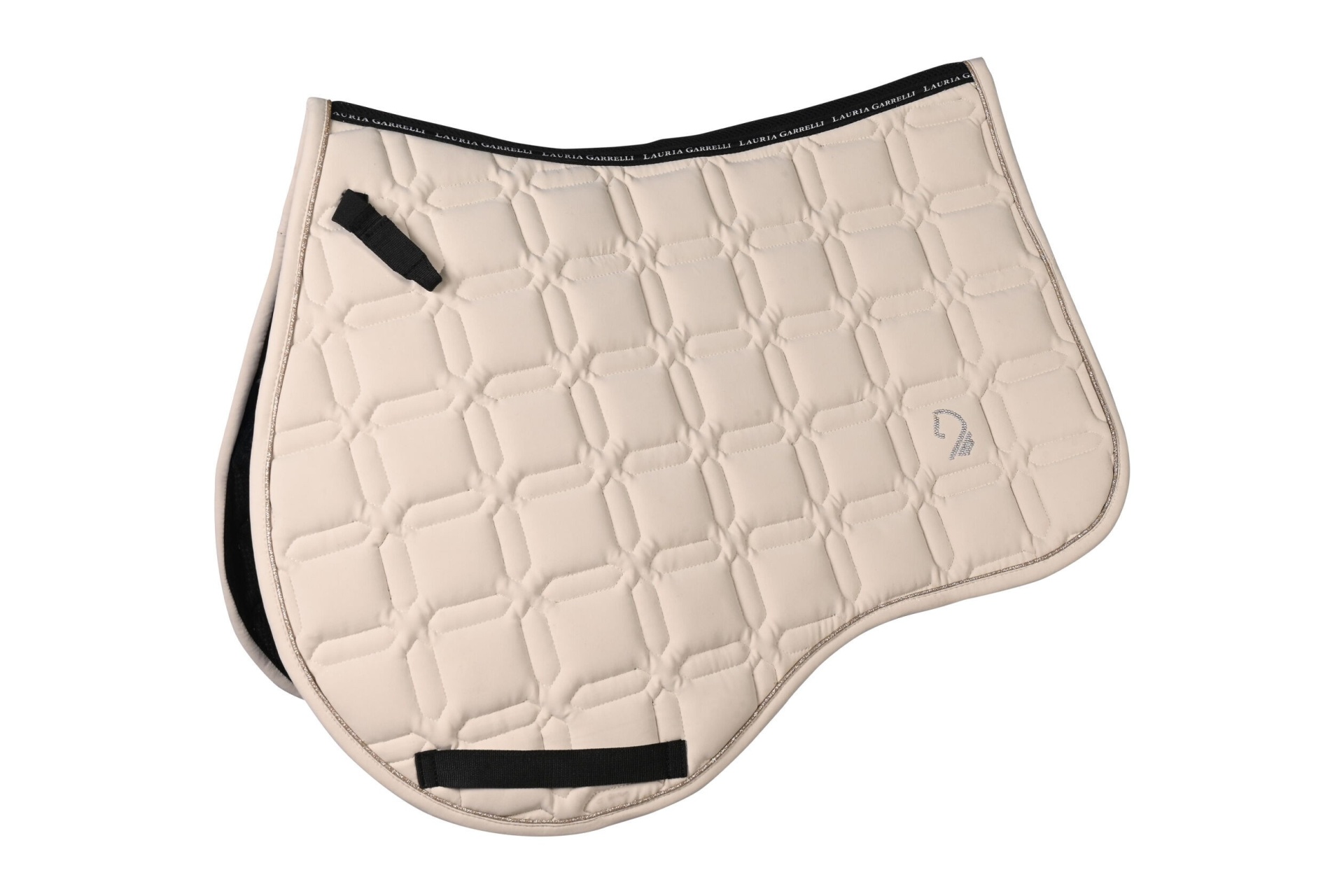 Suadouro HKM 'Limone Elegant' Tapete para sela de cavalo bege acolchoado com acabamento preto e inscrição LAURIA GARRELLI
