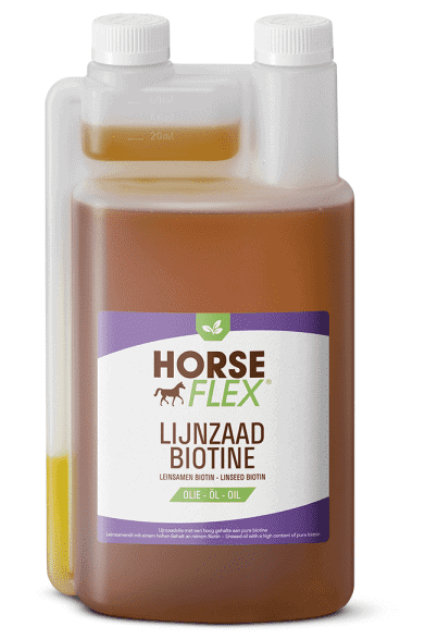 Óleo de Linhaça + Biotina HORSEFLEX Frasco plástico com óleo castanho e rótulo HORSE FLEX LIJNZAAD BIOTINE.