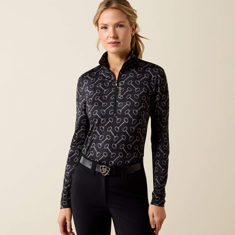 Baselayer de Senhora ARIAT Lunaveil Camisola preta com padrão cinzento de argolas e fecho de correr até ao peito