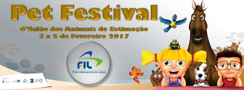 Banner do Pet Festival com texto e desenhos de animais e crianças coloridas.