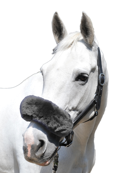 Protecção de Focinheira/cachaceira "Lambswool" HKM Cavalo branco com cabedal preto e protetor cinzento de pelo macio no nariz