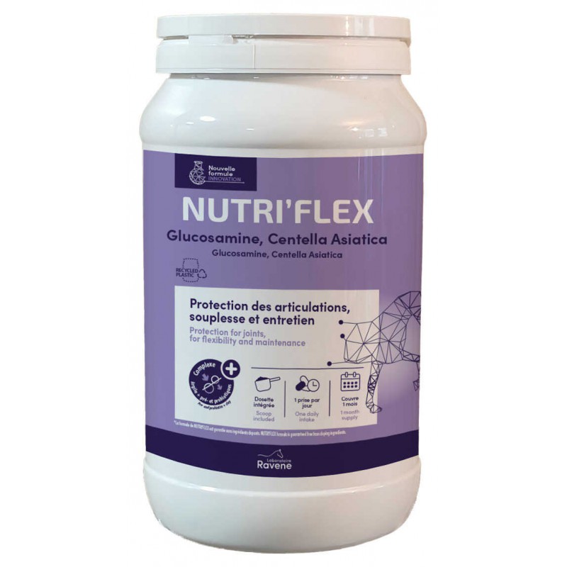 Suplemento Articular RAVENE Nutri'Flex Suplemento NutriFlex glucosamina Centella Asiatica, rótulo roxo, frasco branco, texto francês, elefante geométrico