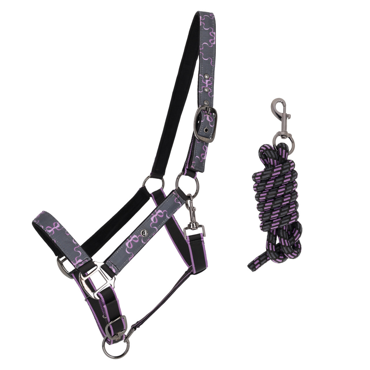 Cabeção + Prisão QHP 'Turnout Collection' Cabresto cinzento com padrão cor-de-rosa e cabresto de corda preto e cor-de-rosa