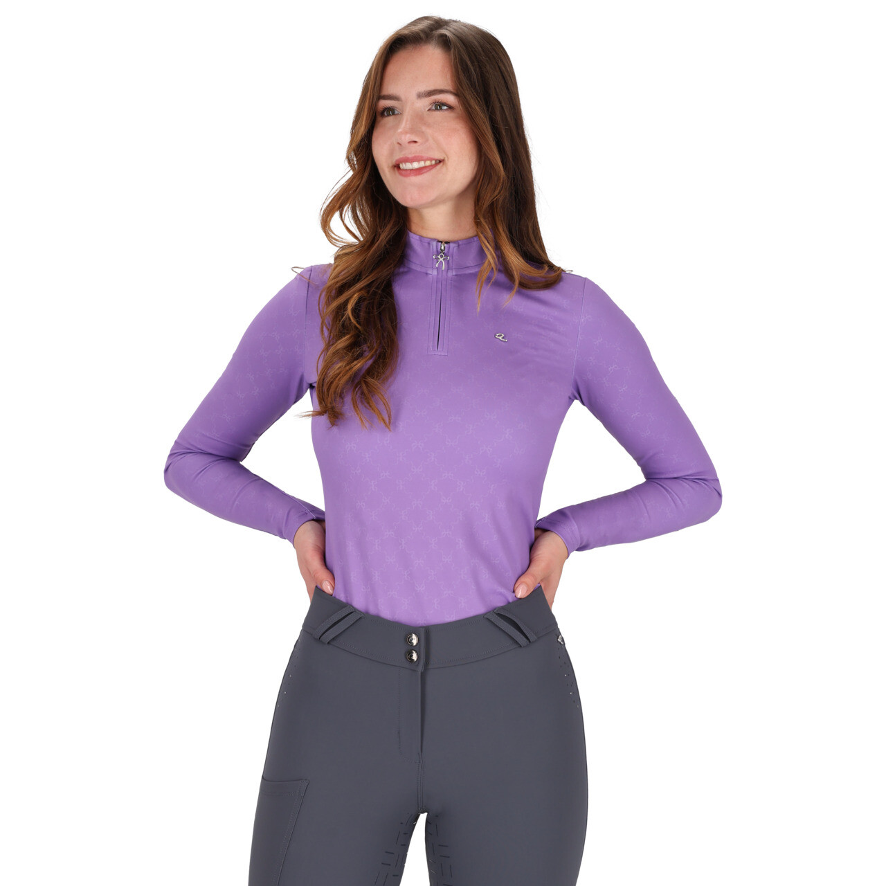 Baselayer de Senhora QHP Livora Camisola desportiva lilás com fecho zip e calças cinza escuro