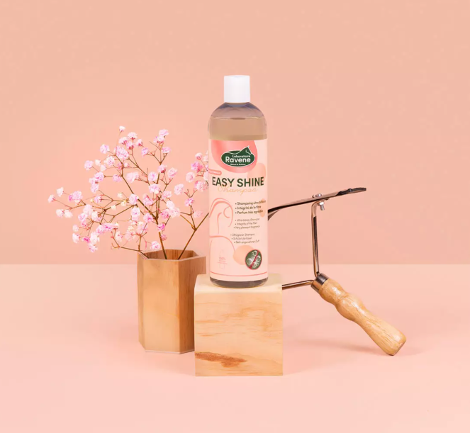 Shampoo Easy Shine RAVENE Frasco de produto Ravena Easy Shine, flores cor-de-rosa, vaso dourado e rolo de pintura com cabo de madeira sobre fundo cor-de-rosa