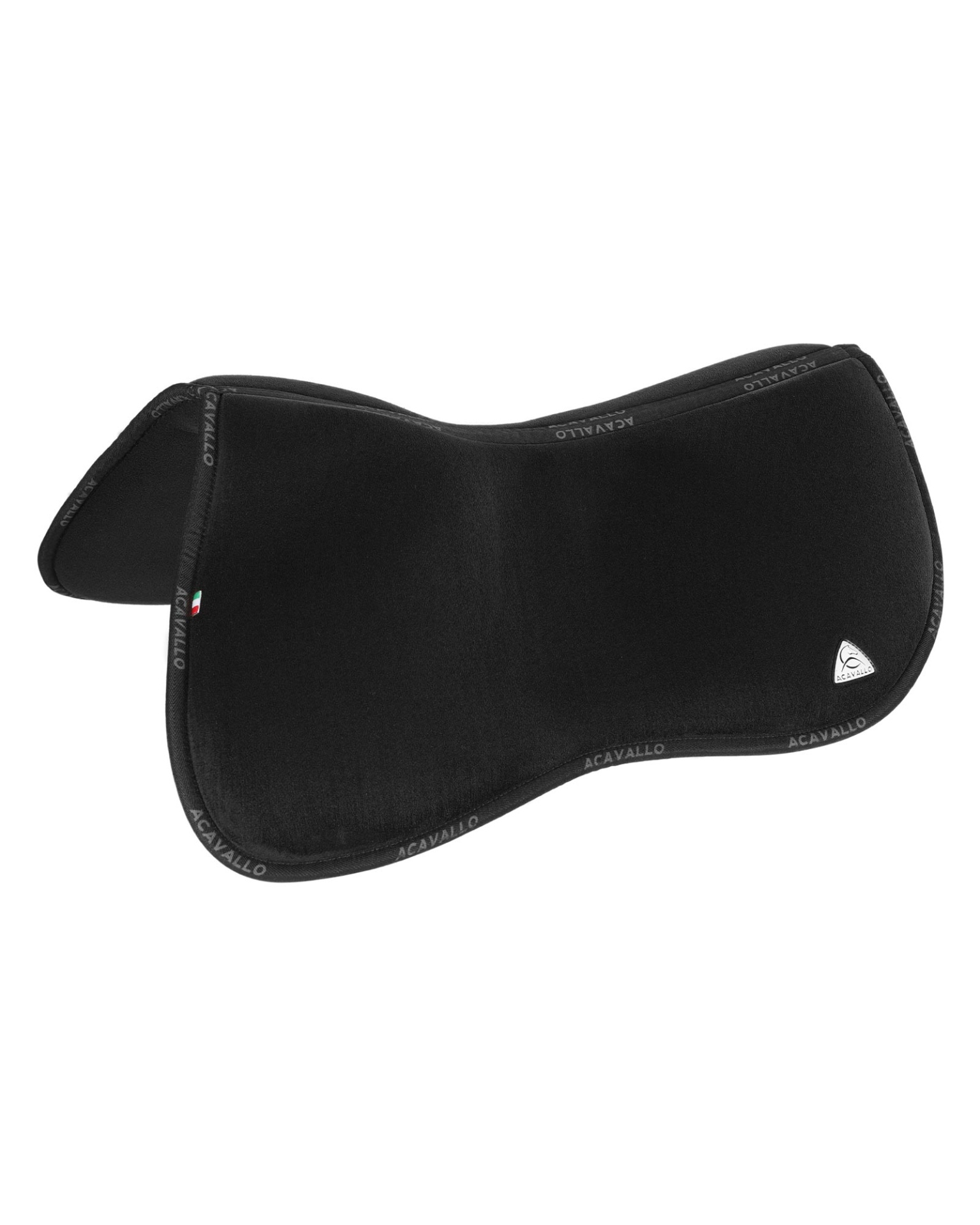 Protector Dorso Memory Foam - Elevação Traseira ACAVALLO Tapete de sela preto com bordas reforçadas e etiquetas visíveis