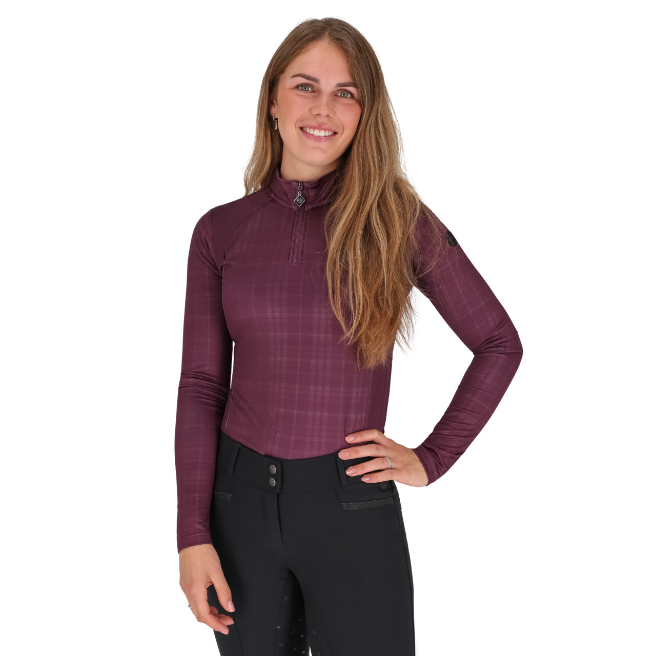 Baselayer de Senhora QHP Zahra Camisola roxa com padrão xadrez e fecho de correr com calças pretas