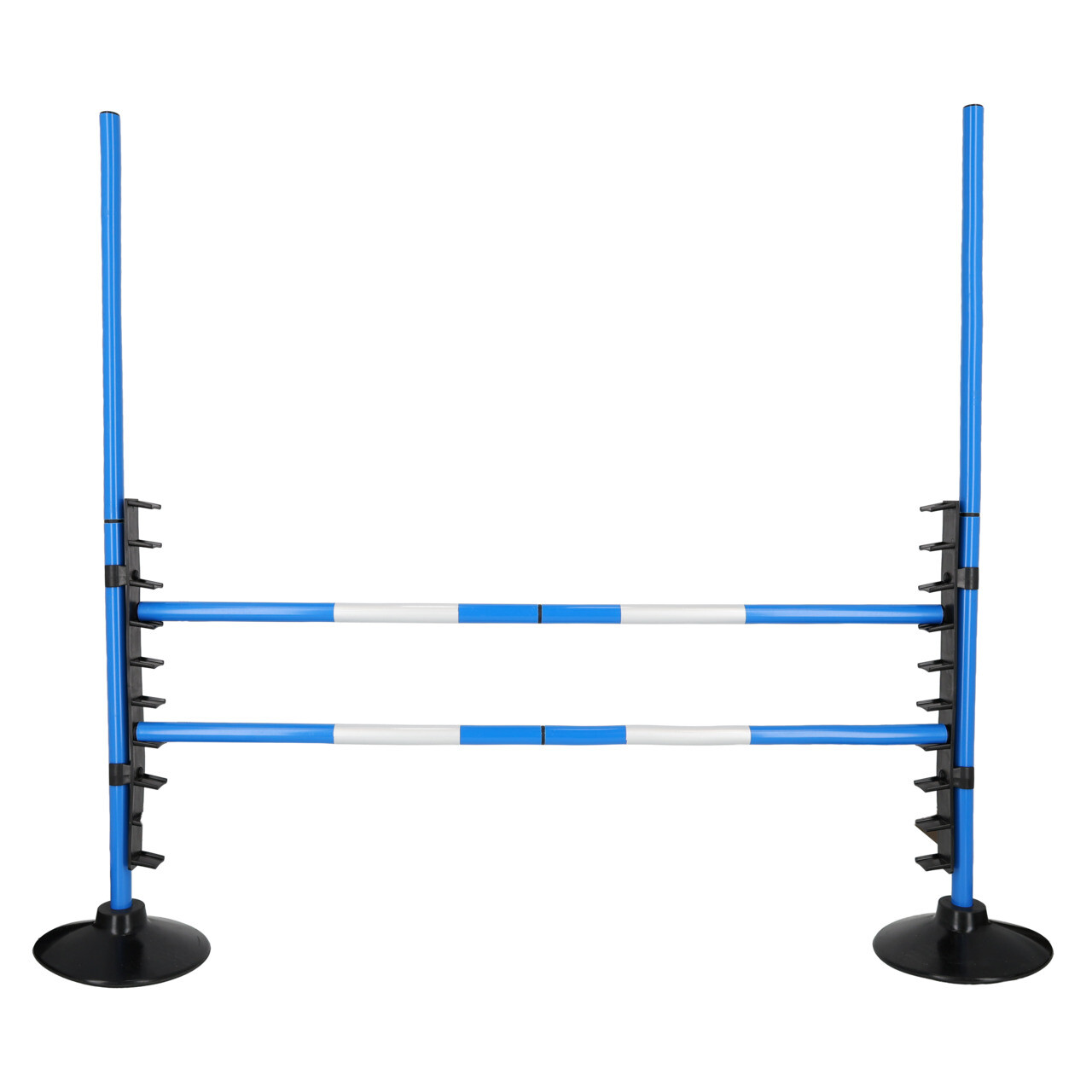 Obstáculo QHP Hobby Horse Estrutura de salto de equitação azul e branca com suporte preto em fundo branco