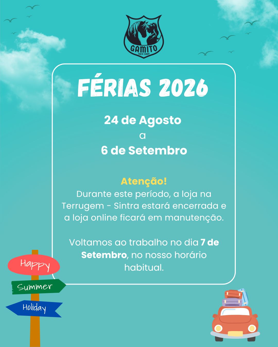 Aviso de férias 2026 da loja Gamito com datas e decoração colorida em fundo azul