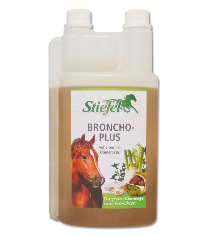 Suplemento Respiratório STIEFEL Broncho-Plus Recipiente plástico translúcido com rótulo de suplemento para cavalos