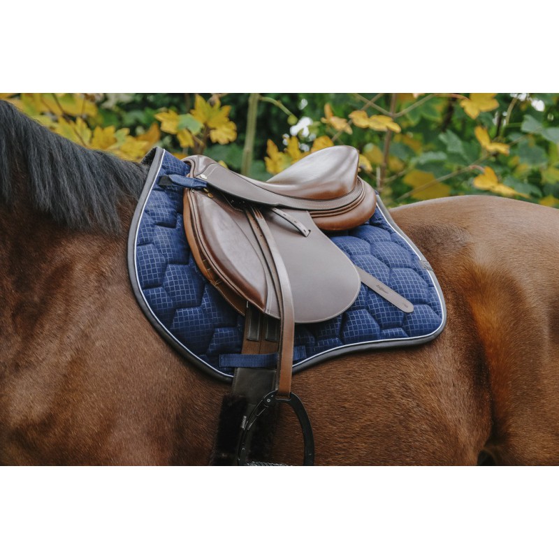 Suadouro de Obstáculos EQUITHÈME "Quadri" Sela castanha com almofada azul acolchoada numa cavalo em exterior