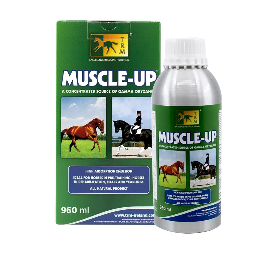 Suplemento TRM Muscle Up Produto Muscle-Up para cavalos em embalagem verde e prata com imagens de cavalos