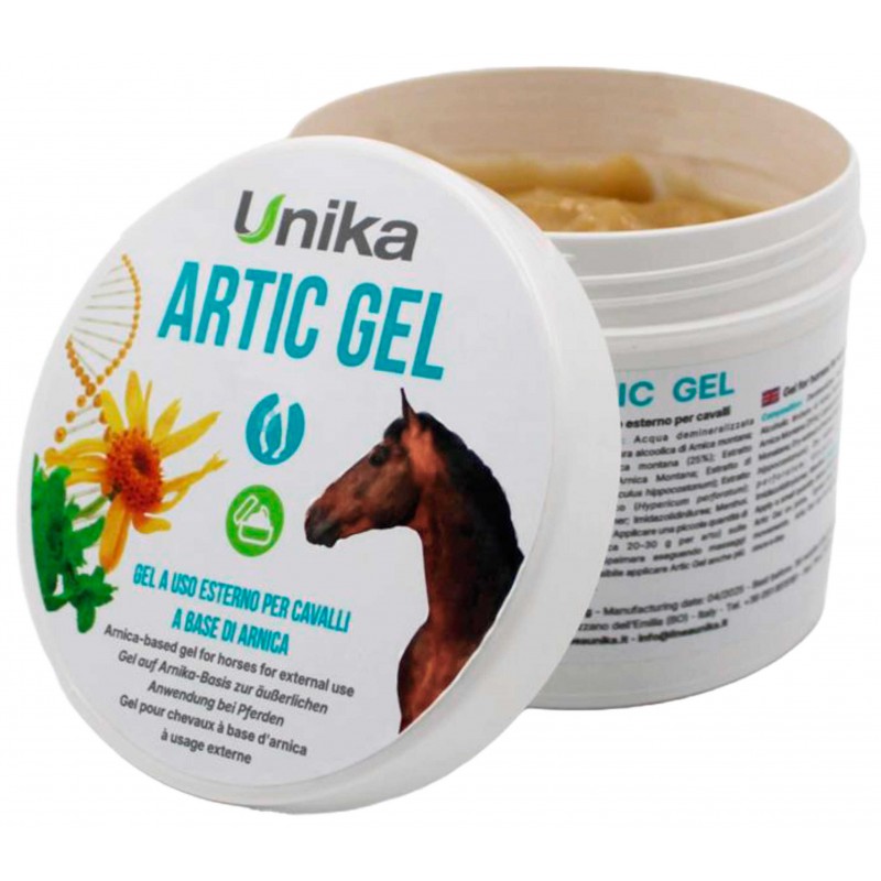 Gel de Tendões UNIKA Artic Gel Frasco branco de gel Artic Gel para cavalos com tampa decorada com texto e imagens de planta e cavalo.