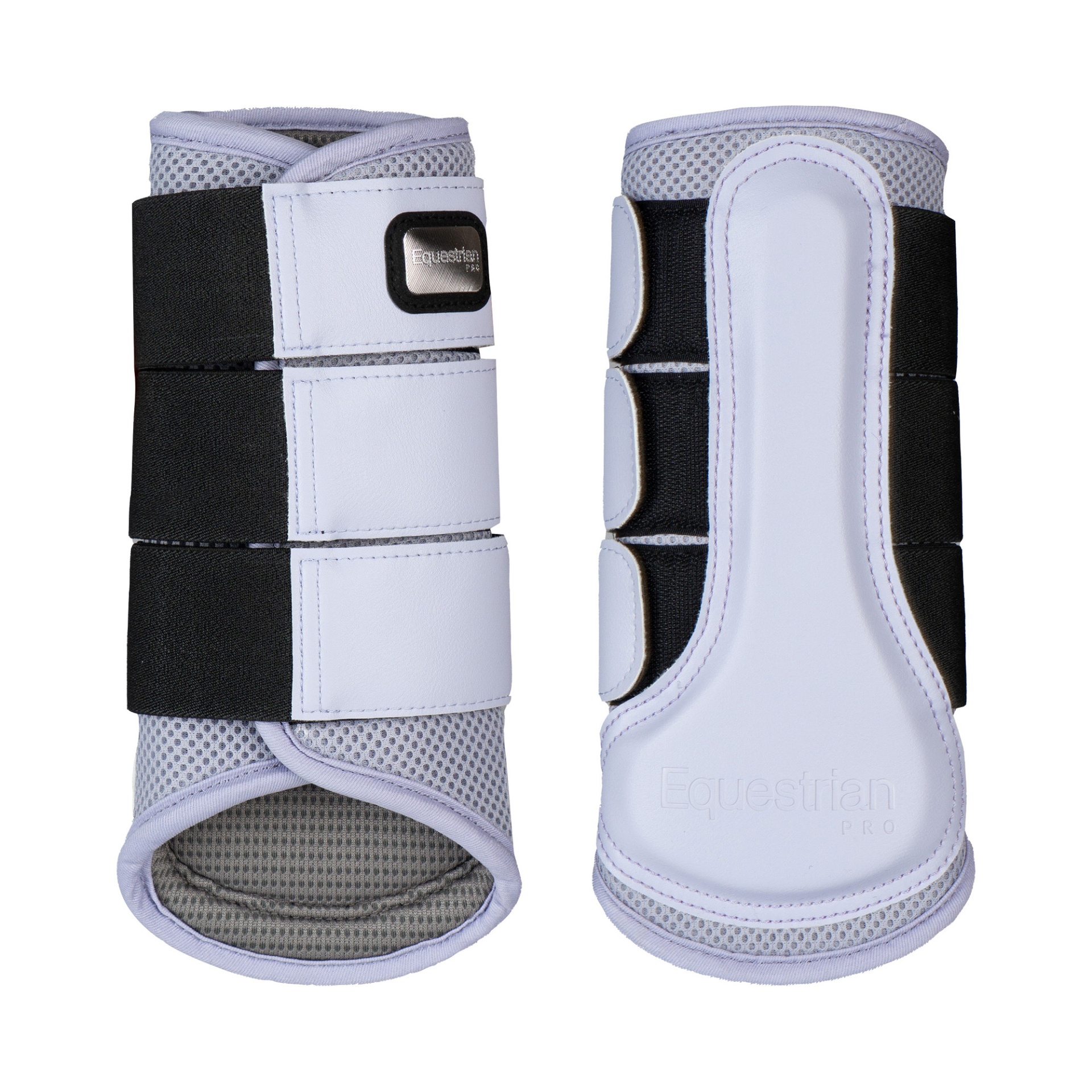 Caneleiras EQPRO Precious botas proteção equitação cinzentas e brancas com fecho velcro preto