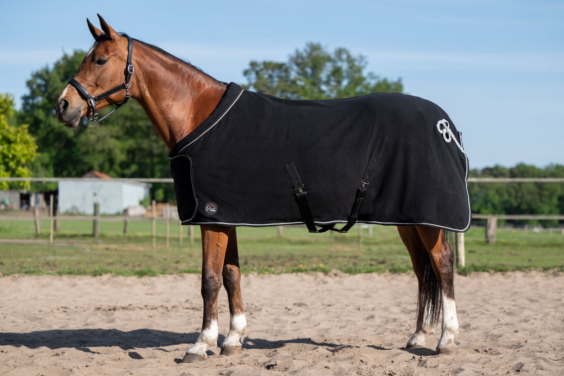 Cobrejão de Apresentação HKM Cavalo castanho com manta preta e detalhes brancos em área exterior arenosa e campo com cerca