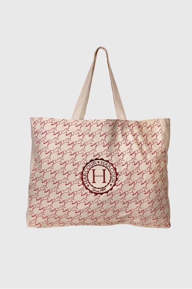 Saco HARCOUR 'Bertille' Mala bege com padrão de cavalos vermelhos e logótipo HARCOUR