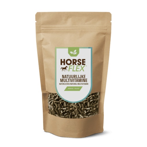 Suplemento Natural Multivitamin HORSEFLEX Embalagem castanha com pellets e rótulo de multivitaminas para cavalo