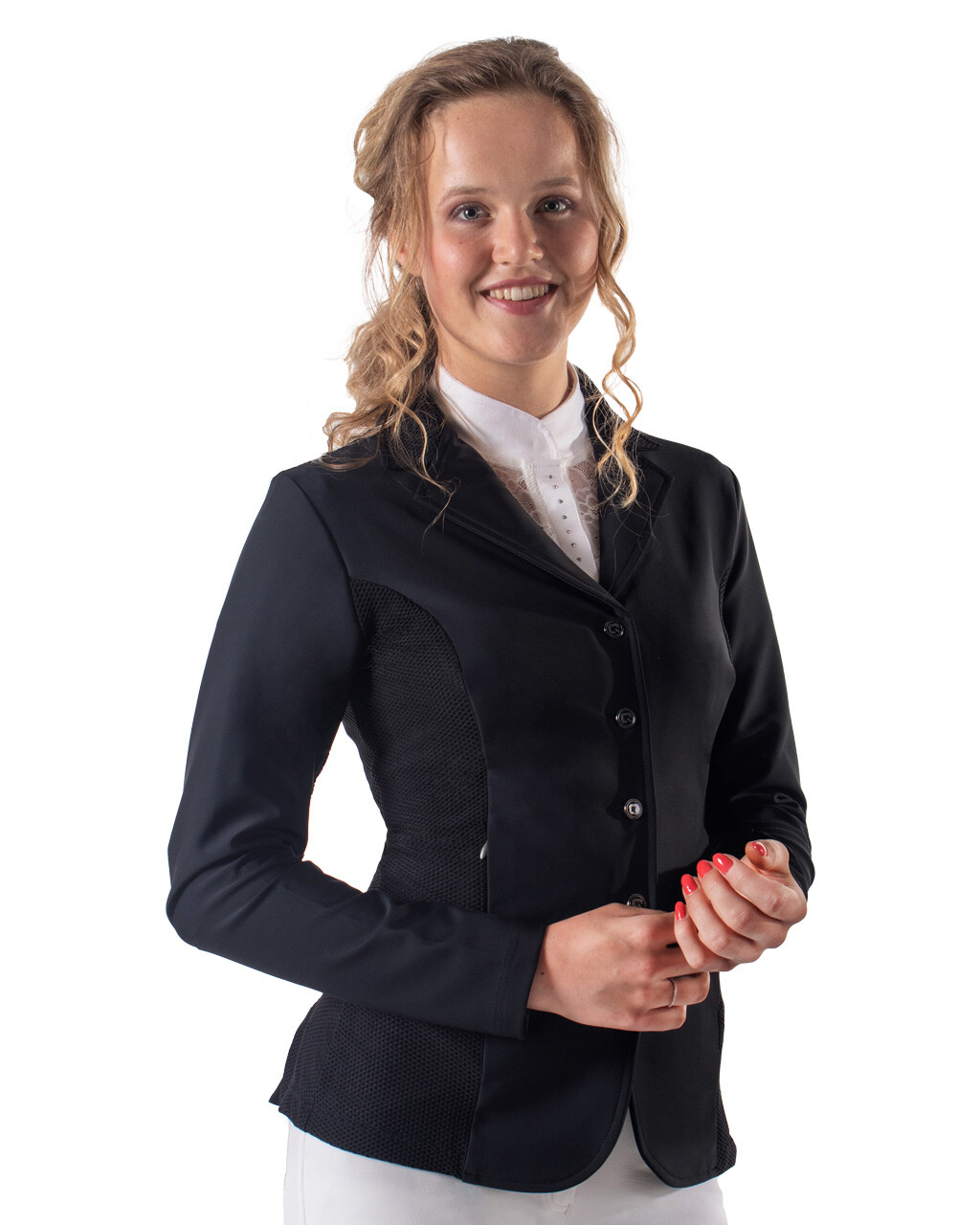 Casaca de Concurso de Senhora QHP Novèn Blazer feminino preto ajustado com botões e detalhes texturizados