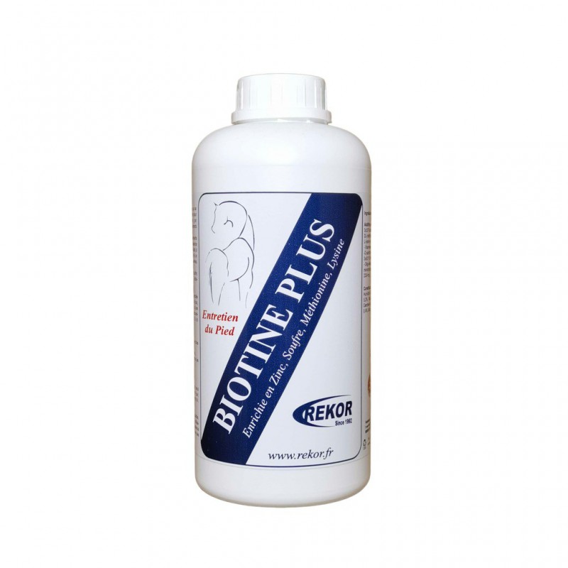 Suplemento REKOR "Biotin+" Frasco branco de suplemento BIOTINE PLUS com etiqueta azul e branca