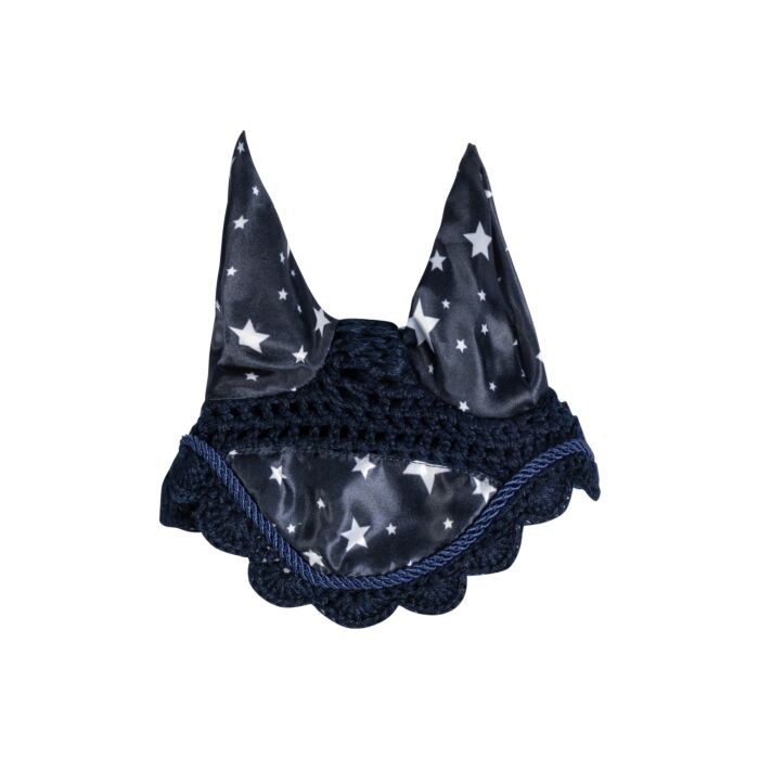 Orelheiras HKM Hobby Horsing Print Touca de equitação azul escuro com estrelas brancas e croché