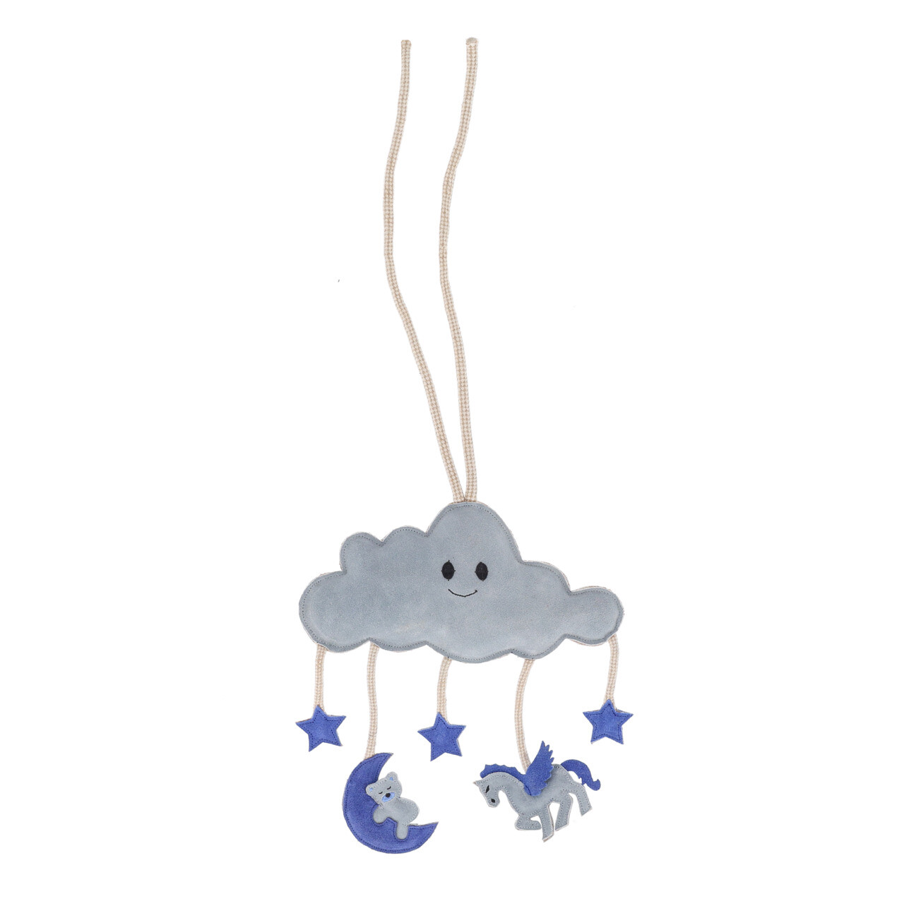 Brinquedo p/ Cavalos QHP Novy Móbile de nuvem cinzenta com estrelas azuis, lua com ovelha e unicórnio pendurados