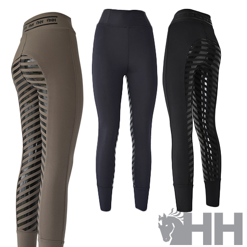 Leggings de Senhora HH Noa Adhesion Plus Três leggings desportivas com padrão listrado nas laterais, em castanho e preto.