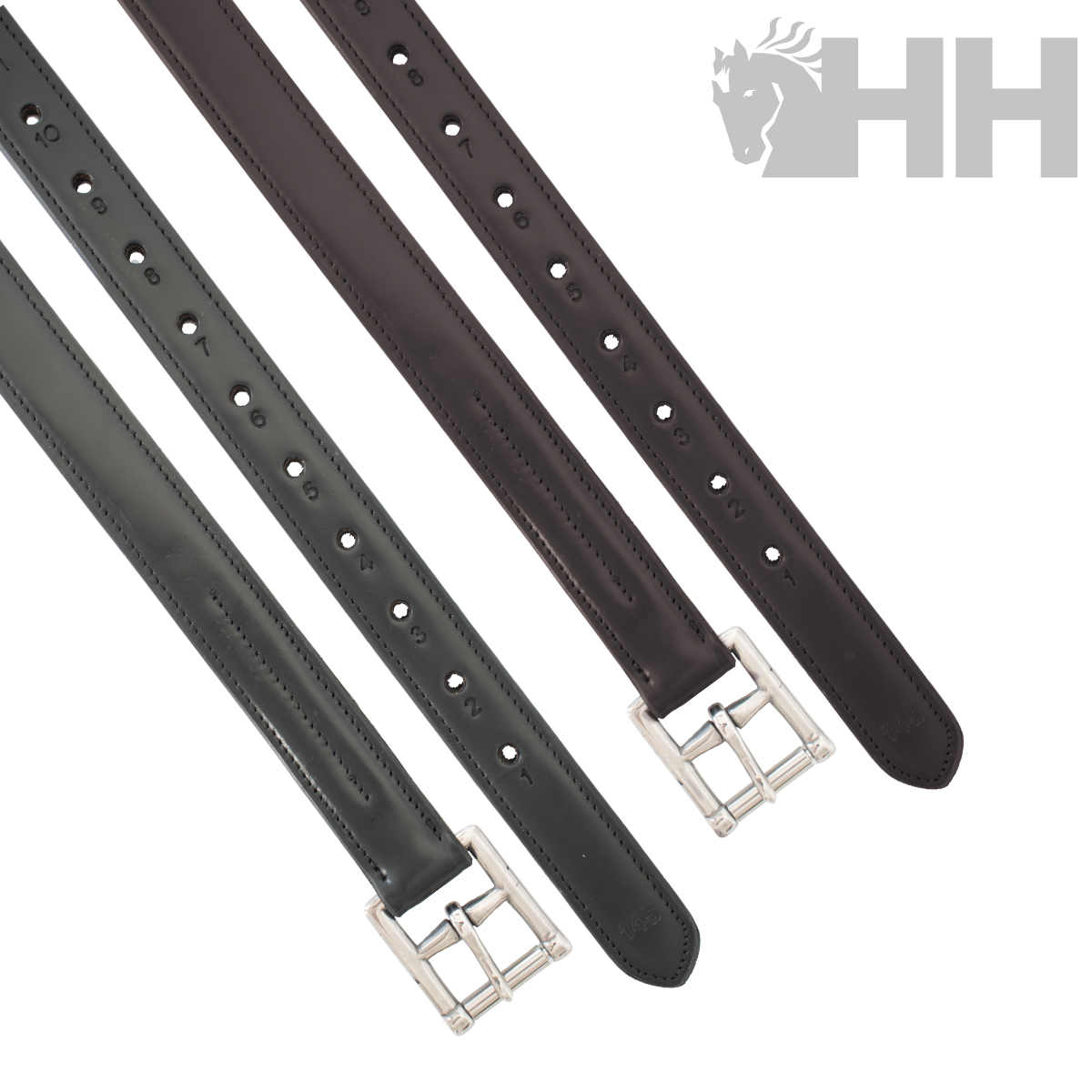 Loros Ingleses LEXHIS Couro Luxe Correias de couro preto e castanho com fivelas metálicas e número de ajustes, fundo branco com logótipo HH e cavalo