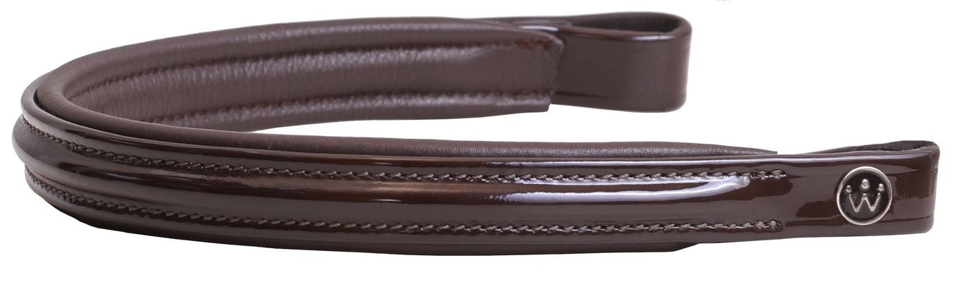 Reínea de couro castanho com costuras e detalhe metálico com 'W'