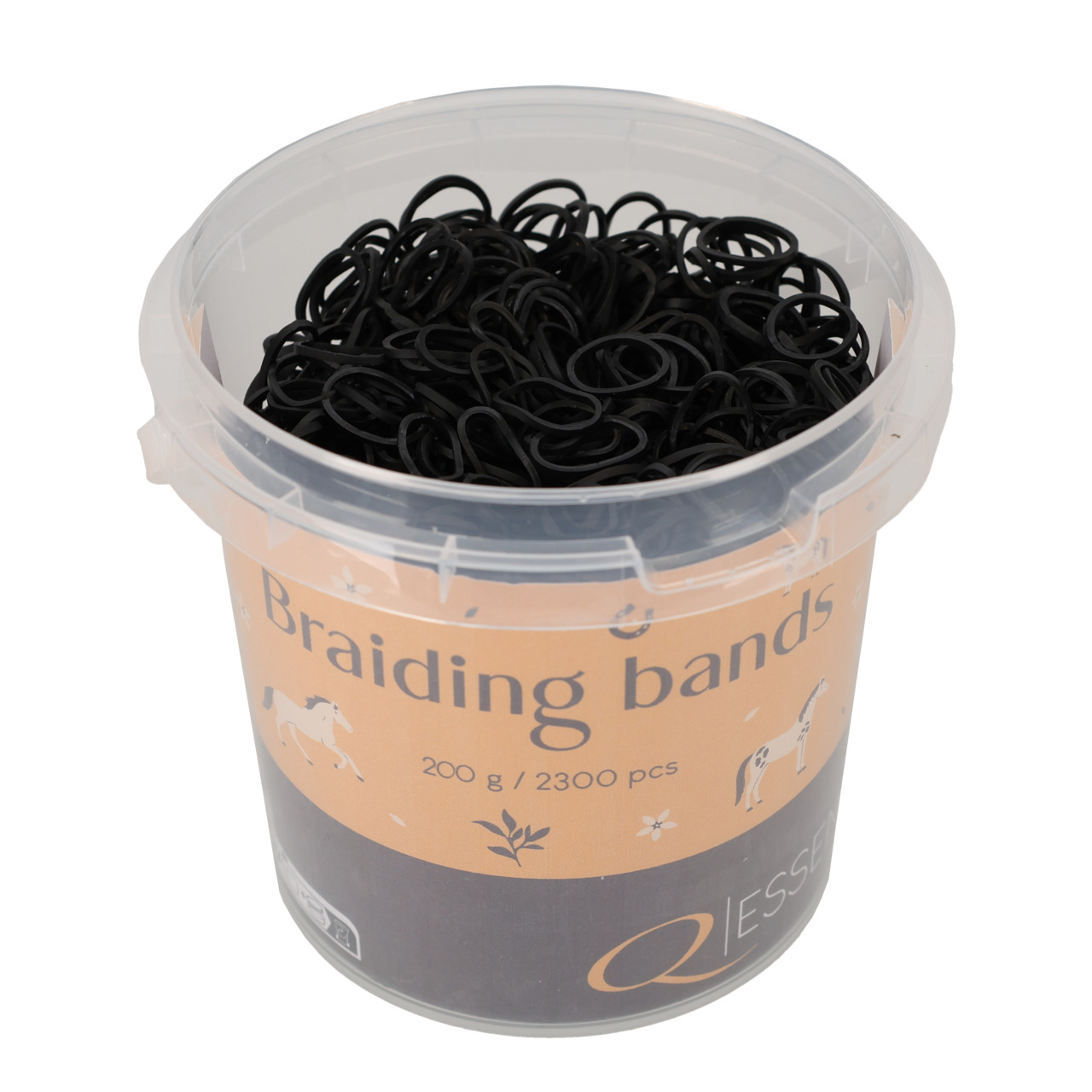 Balde de Elásticos QHP 200g Recipiente plástico transparente com ligas pretas e rótulo com cavalos e texto Braiding bands