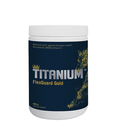 Suplemento VETNOVA Titanium FlexGuard Gold Frasco branco de suplemento Titanium FlexGuard Gold com rótulo azul e texto cinza e amarelo.
