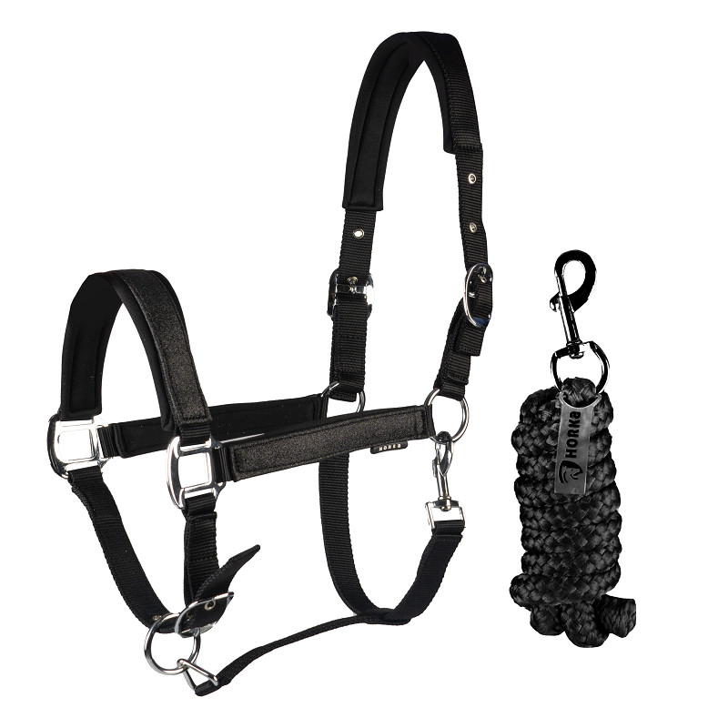 Cabeção + prisão HORKA Brilliance Cabresto para cavalo preto com argolas metálicas e cabresto trançado preto com mosquetão