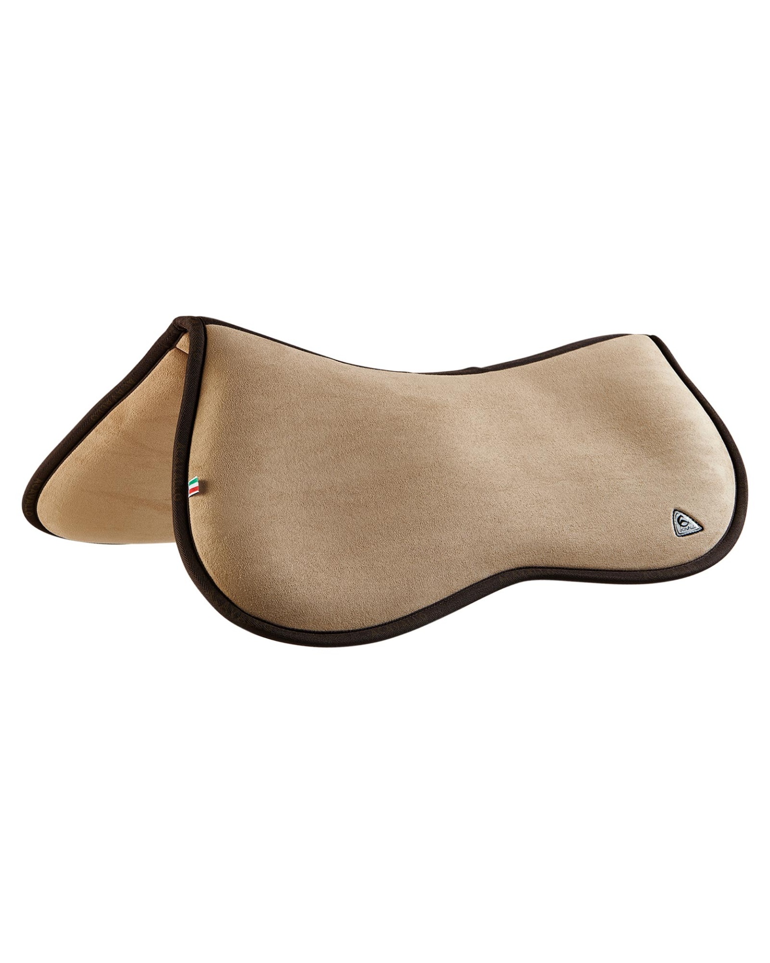 Protector Dorso Memory Foam Pocket com Elevações ACAVALLO Sela para cavalo bege e castanha com etiquetas e logotipo triangular