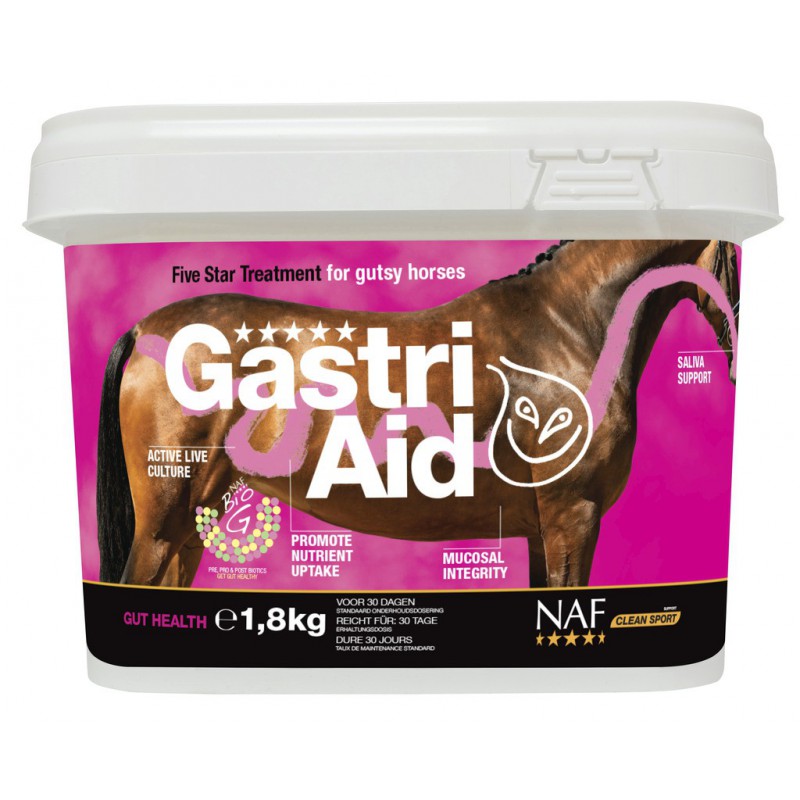 Suplemento NAF "Gastri Aid" Balde de suplemento Gastri Aid para cavalos com imagem de cavalo e texto informativo