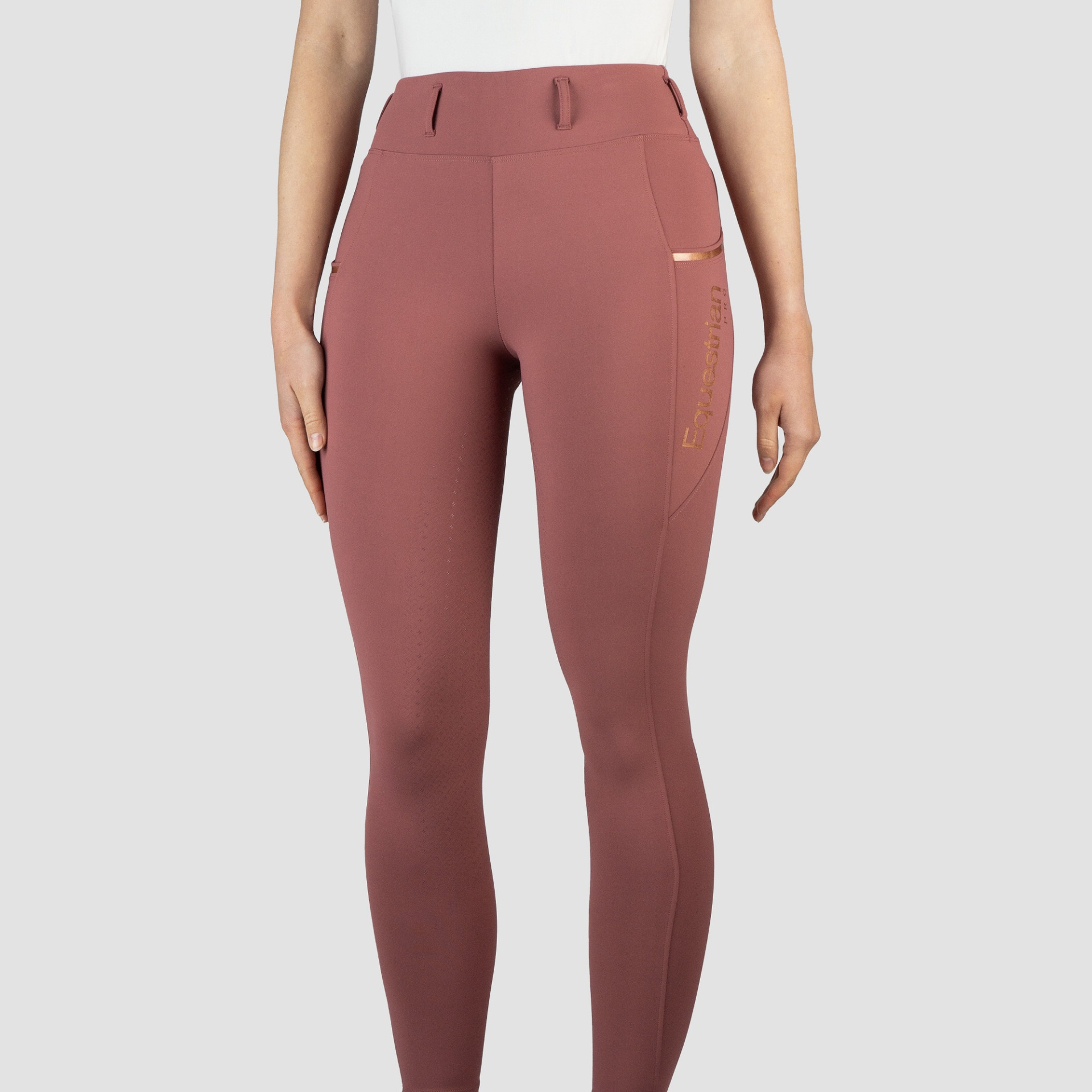 Leggings de Senhora HORKA Mindy Calças de equitação rosa com bolso e texto dourado em fundo cinza claro