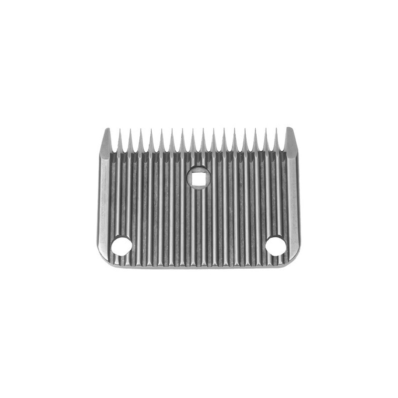 Lâmina metálica prateada com dentes e três orifícios para fixação