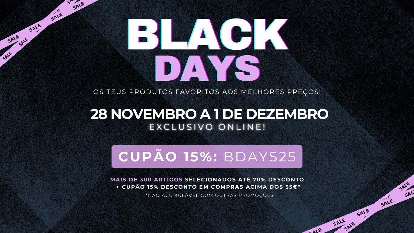 Cartaz promocional Black Days com fundo preto, texto lilás e branco, detalhes SALE em fitas lilases nas bordas