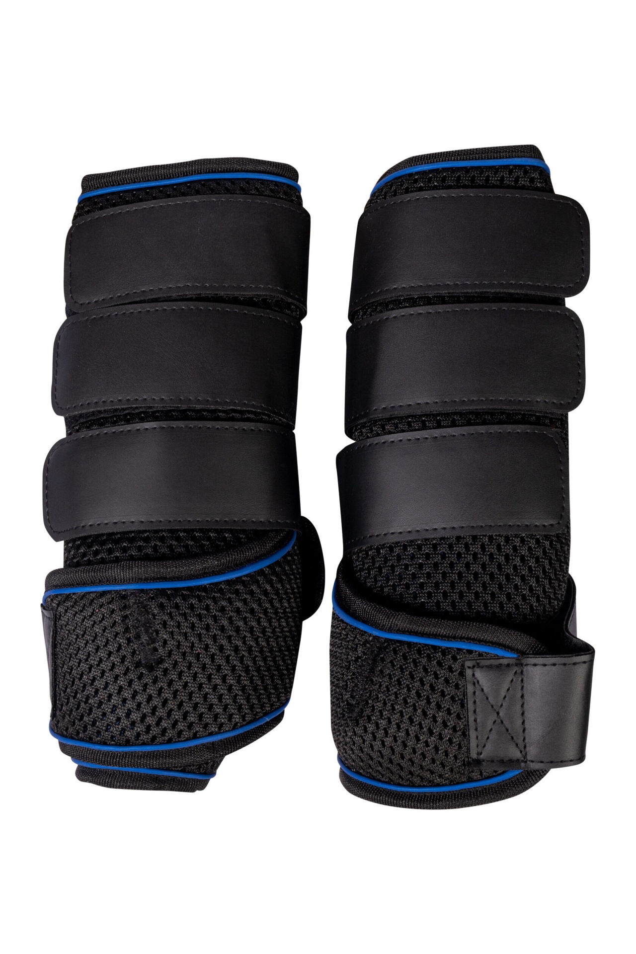 Caneleiras de Frio HKM 'EquineCarePro' Par de botas esportivas pretas com fechos de velcro e detalhes azuis.