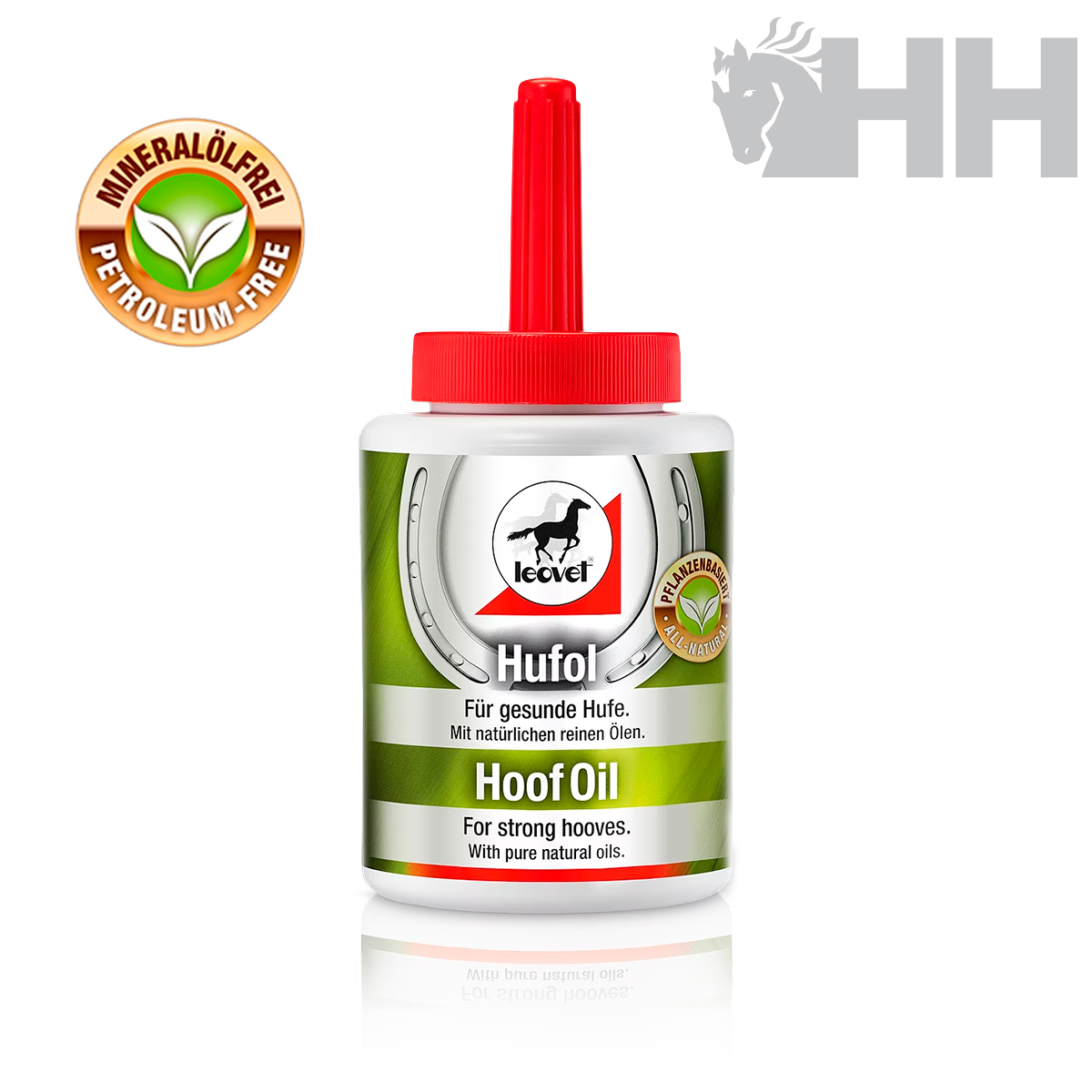 Óleo p/ Cascos LEOVET Hoof Lab Frasco branco com tampa vermelha do produto Leovet Hufol Hoof Oil para cascos de cavalo.