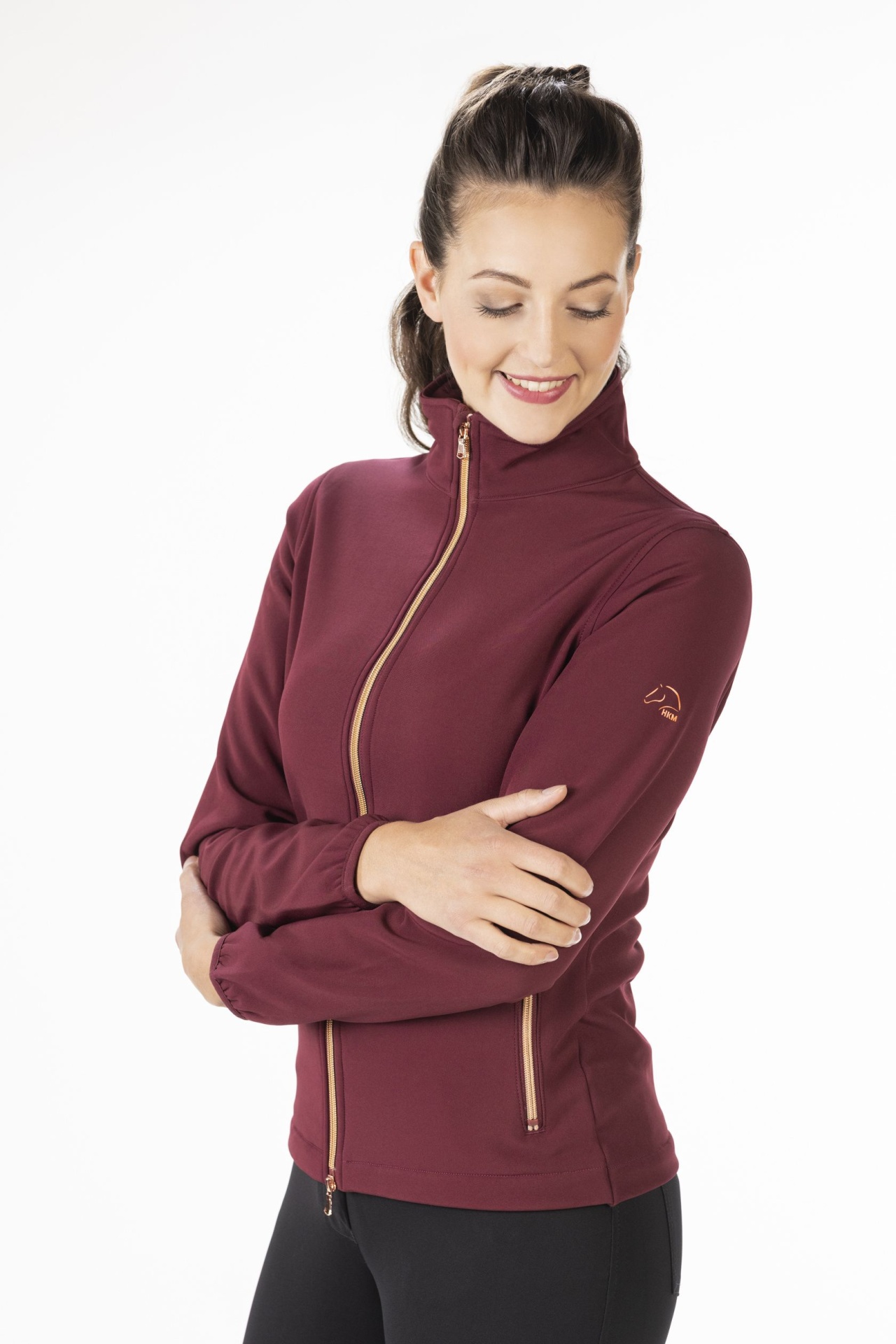 Casaco de Senhora HKM "Lily" Softshell Casaco desportivo burgundy com fecho zip dourado e gola alta