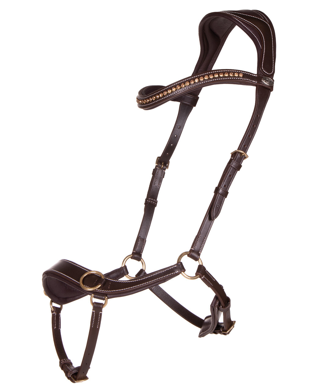 Cabeçada Bitless QHP Anatomical Cabresto de cavalo em pele castanha com costura branca e pedraria dourada