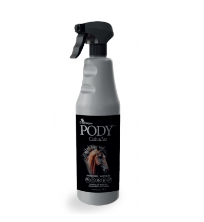 Repelente em Spray BIOPLAGEN Pody 1L frasco cinzento com pulverizador preto e rótulo preto com cavalo
