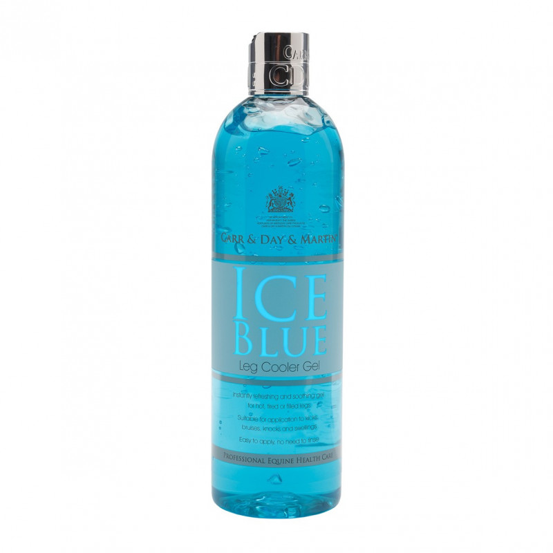 Gel de Tendões CARR&DAY&MARTIN Ice Blue Cooler Gel Frasco azul de gel para cuidados equinos com tampa prateada e texto ICE BLUE