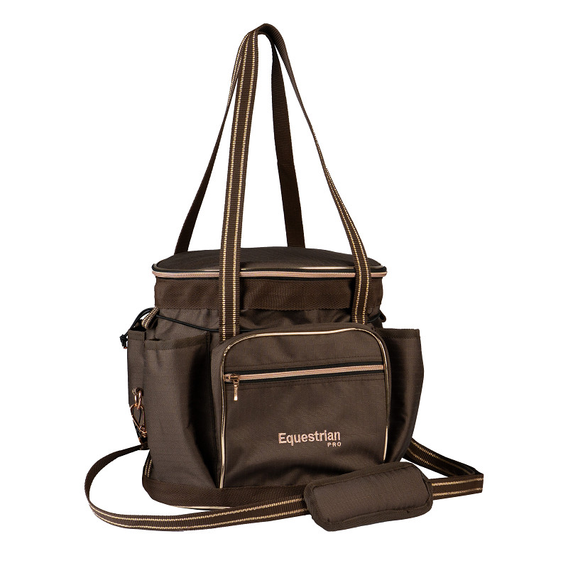 Bolsa p/ Material Limpeza/Toque HORKA Deluxe Mala castanha de tecido com bolso frontal e texto Equestrian PRO.