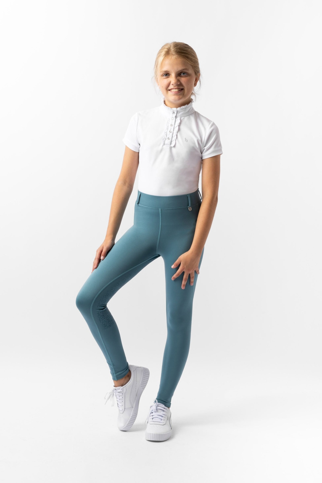 Leggings de Criança HORZE Dea Full Grip Menina com roupa desportiva branca e verde-azulada