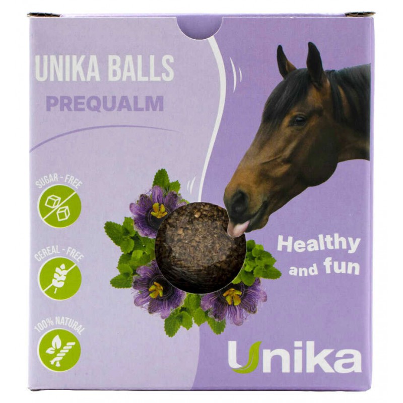 Bola Nutritiva UNIKA 'Prequalm' Embalagem roxa de suplemento alimentar para cavalos UNIKA BALLS PREQUALM com imagem de cavalo