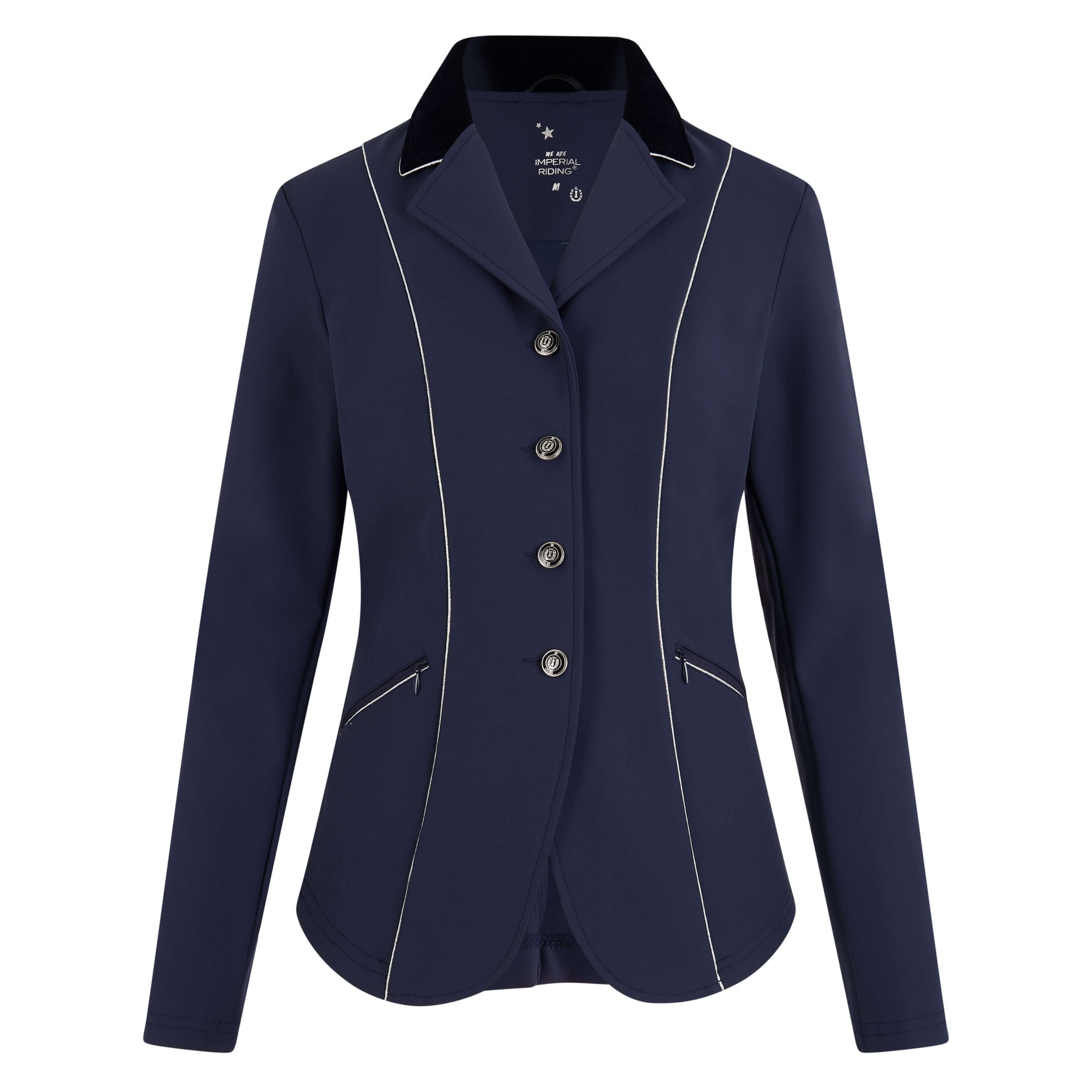 Casaca de Concurso de Senhora IMPERIAL RIDING Expactacular Blazer feminino azul escuro com botões e pespontos brancos
