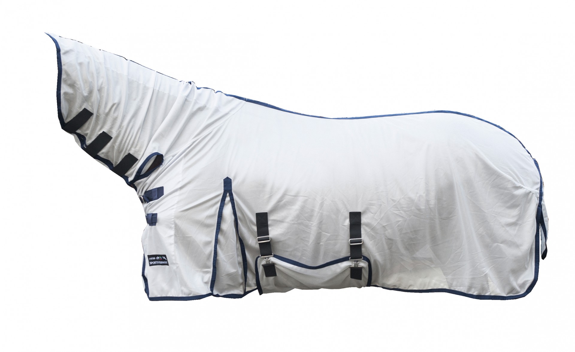 Coberjão Anti-moscas HKM "Lyon" c/ Pescoço Capa para cavalo branca com acabamentos azuis e alças ajustáveis