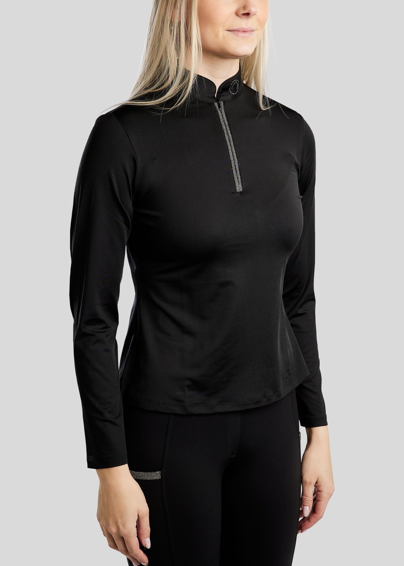 Baselayer de Senhora MONTAR 'MoGaia' Camisola preta manga comprida com fecho prateado e gola subida