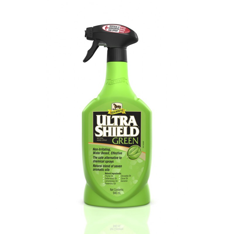 Insecticida ABSORBINE "Ultrashield Green" Frasco verde de plástico com pulverizador preto e rótulo ULTRA SHIELD GREEN
